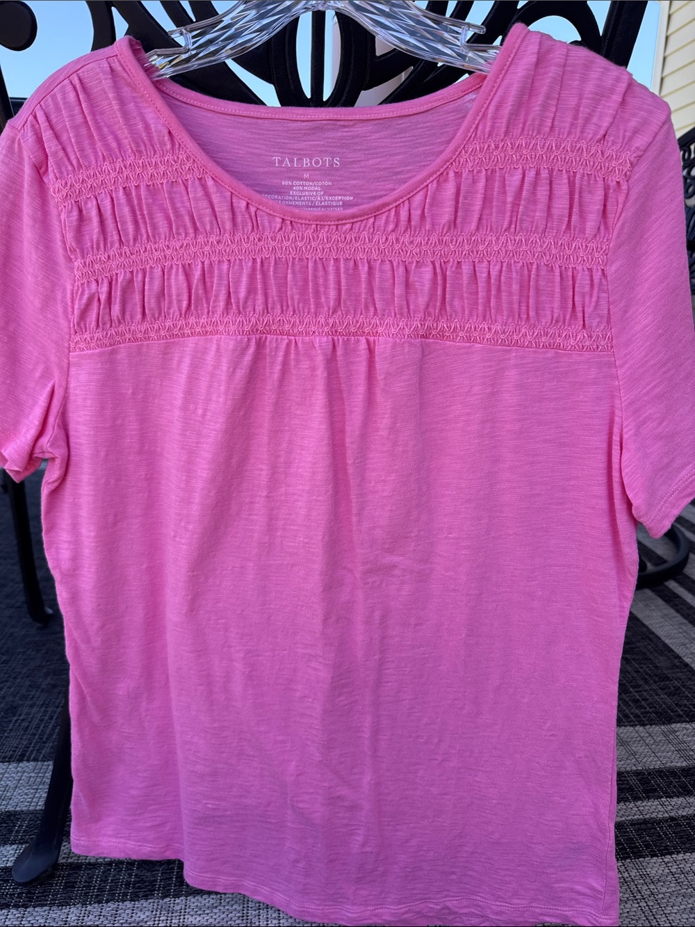 Talbots Bright Pink Short-Sleeve Smocked Yoke Top